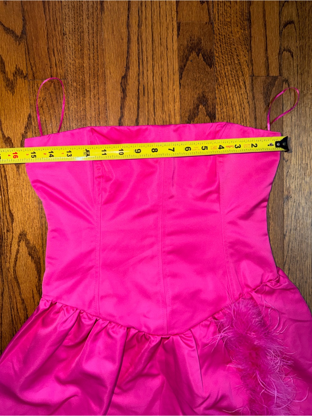 WeWoreWhat Vibrant Hot Pink Corset Dress with Feathers and High Leg Slit Fitted - Picture 11 of 11